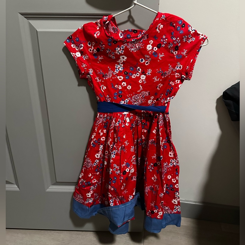 Petit Bateau Red Floral Dress with Blue & White Accents for Girls -Size: 5 years